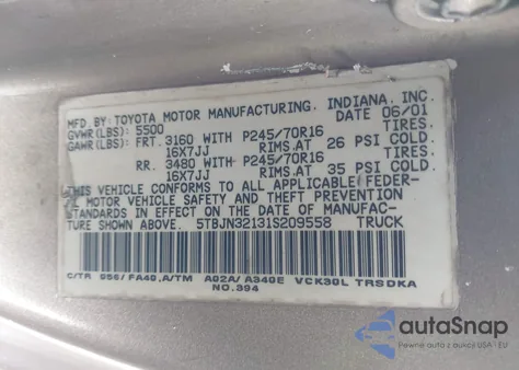 2001 Toyota Tundra z USA, uszkodzony, nr VIN 5TBJN32131S209558